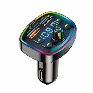 An FM Car Transmitter with two USB and a Type-C PD input and an LED and colorful lightings.